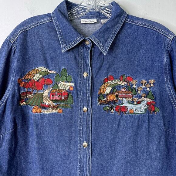 Cabin Creek Autumn Fall Harvest Pumpkin Embroidered Denim Button Up Shirt Sz PL - Picture 4 of 10